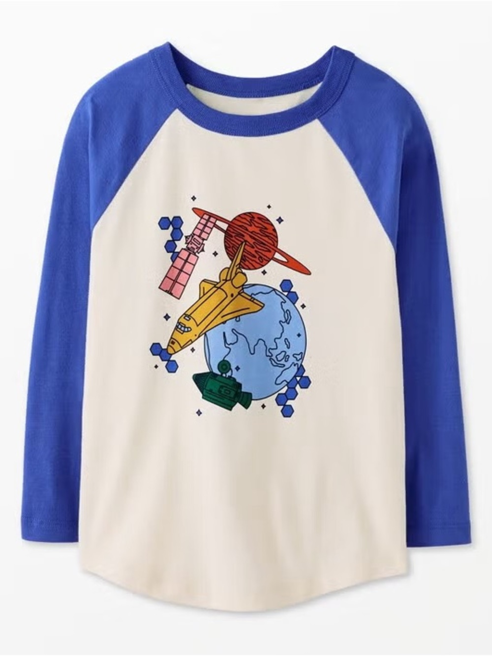 Hanna Andersson Cream Tee with Blue Raglan Sleeves and Space Graphic Size 8